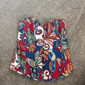 Abstract Print Denim Overbust Corset Top Lace Up